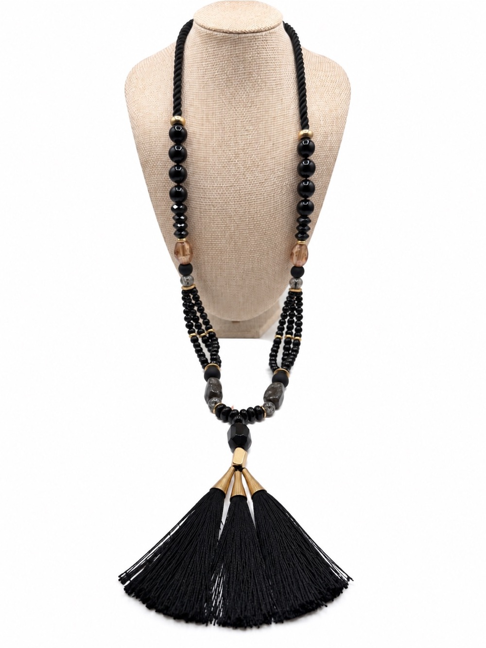 Chico’s Black Gold Beaded Triple Tassel Extra Long Statement Necklace